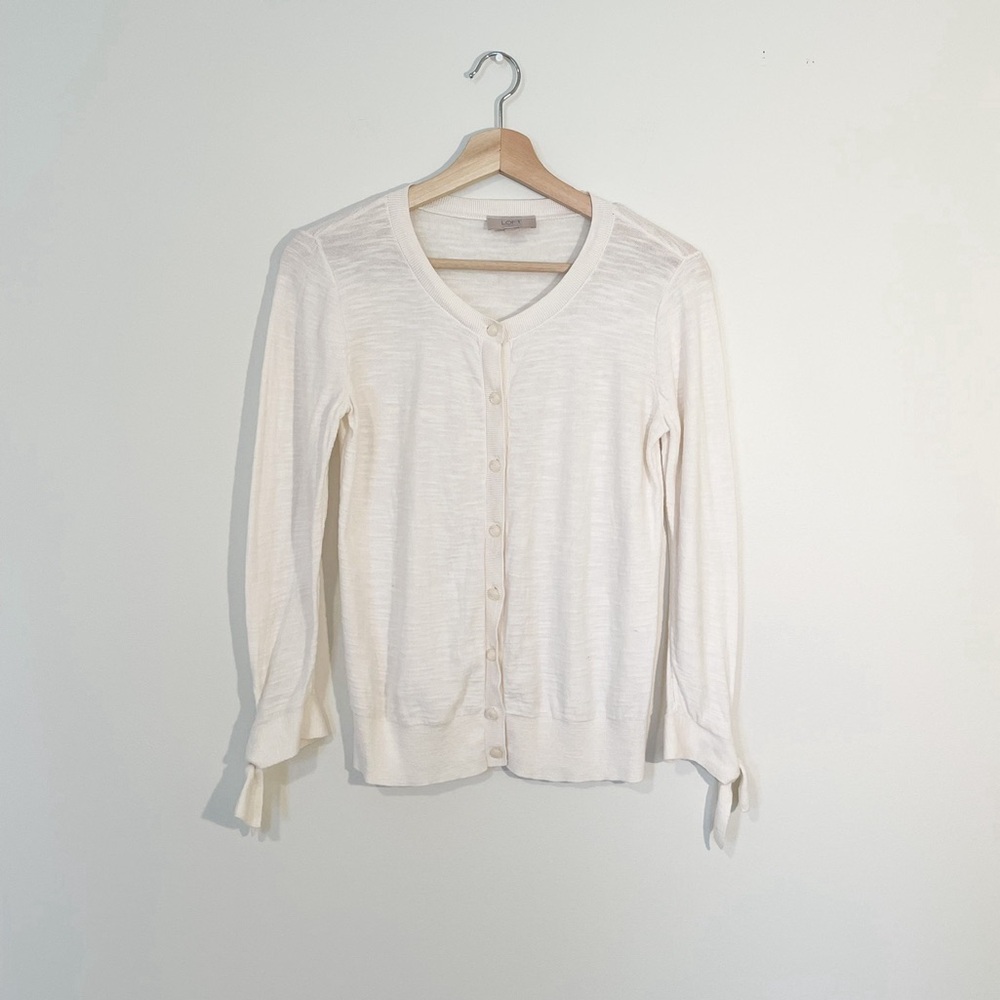 LOFT Cream Quarter Bow Sleeve Cardigan
